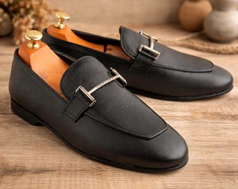 Mocasines de cuero negro hechos a mano con detalle de herradura, zapatos de vestir sin cordones para hombre.