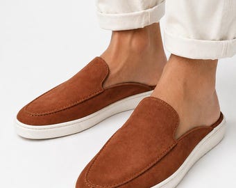 Handmade Brown Suede Backless Loafers for Men – Luxury Slip-On Mule Shoes, Casual Smart Leather Slides, Minimal White Sole Footwear
