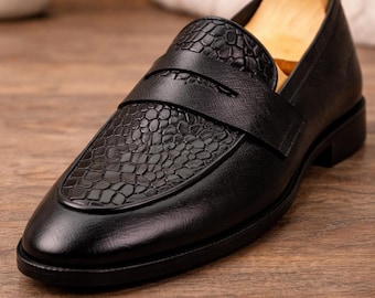 Luxury Black Leather Loafers – Croc Texture Handmade Formal Footwear
