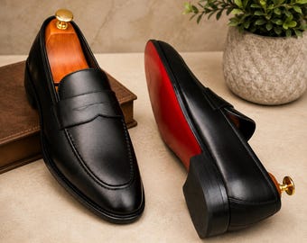 Herren Schwarz Leder Penny Loafers | Handgefertigte Slip-On Abendschuhe