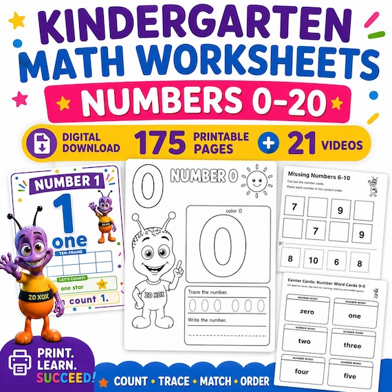 Kindergarten Worksheets 0–20, Number Tracing, Recognition, Ten Frames & Math Centers