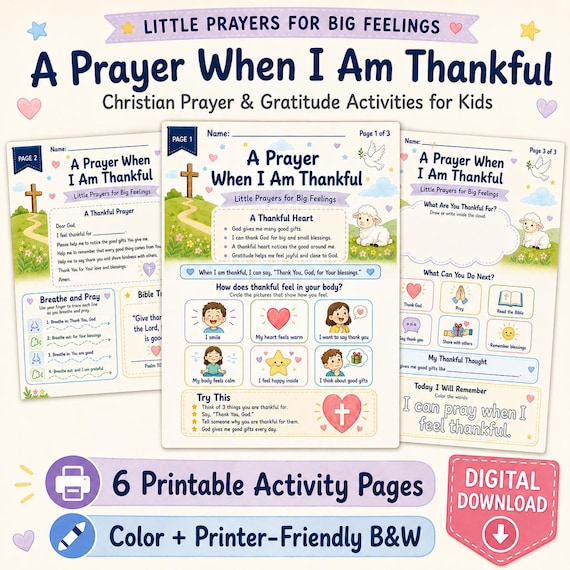 Christian Kids Prayer Worksheet, Gratitude and Thankfulness Printable Activity