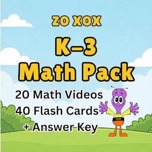 Könnte beinhalten: Ein farbenfrohes Lernmaterial für Mathematik der Klassen K-3. Das Bild zeigt den Text "ZO XOX K-3 Math Pack" mit 20 Mathe-Videos, 40 Karteikarten und einem Lösungsschlüssel. Eine Cartoon-Figur eines Aliens ist ebenfalls vorhanden.