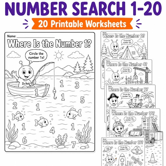 Number Search Worksheets 1-20, Preschool and Kindergarten Number Recognition Printable