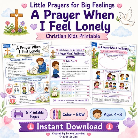 Christian Kids Loneliness Worksheet, Prayer and Comfort Printable Activity