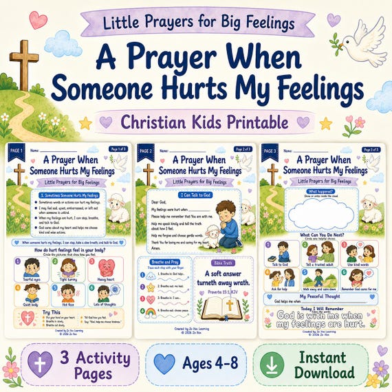 Christian Kids Prayer Worksheet, Hurt Feelings and Forgiveness Printable Activity