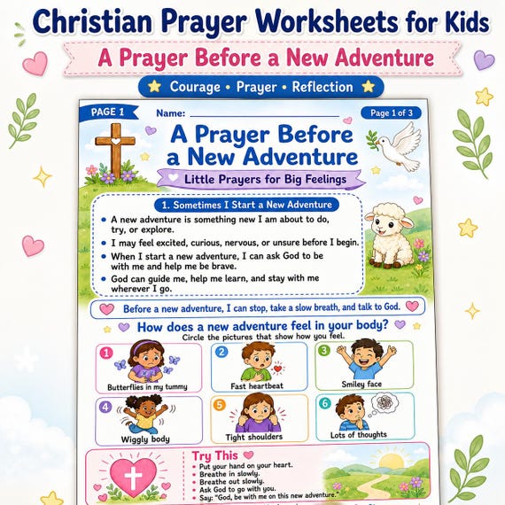 Christian Prayer Worksheets for Kids: New Adventure Courage Activity