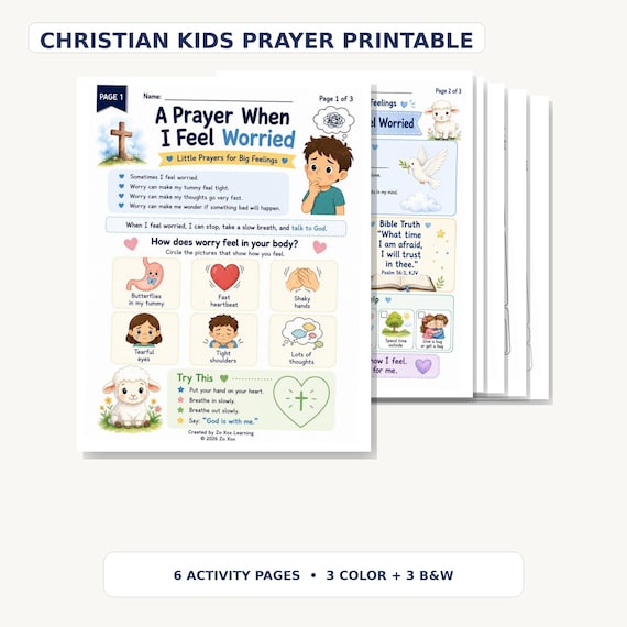 Prayer Worksheets for Kids Worry | Christian Anxiety Activities | Bible Verse for Anxious Child