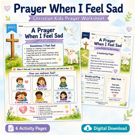 Christian Kids Prayer Worksheet, Sad Feelings Printable Activity