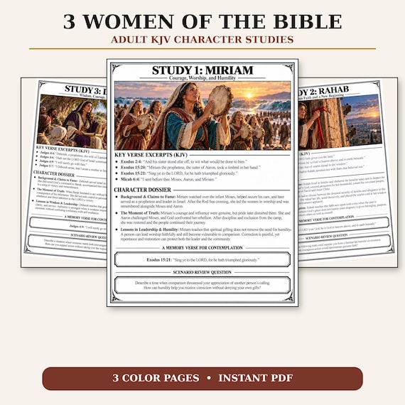 Adult KJV Bible Character Studies, Miriam Rahab Deborah, 3 Printable Christian Worksheets, Instant Download PDF
