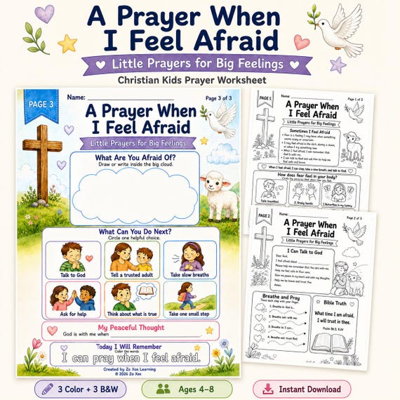 Christian Kids Prayer Worksheet, Fear and Courage Printable Activity