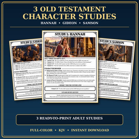 Hannah Gideon and Samson Bible Study Printable, Adult KJV Character Studies, Christian Devotional Worksheets