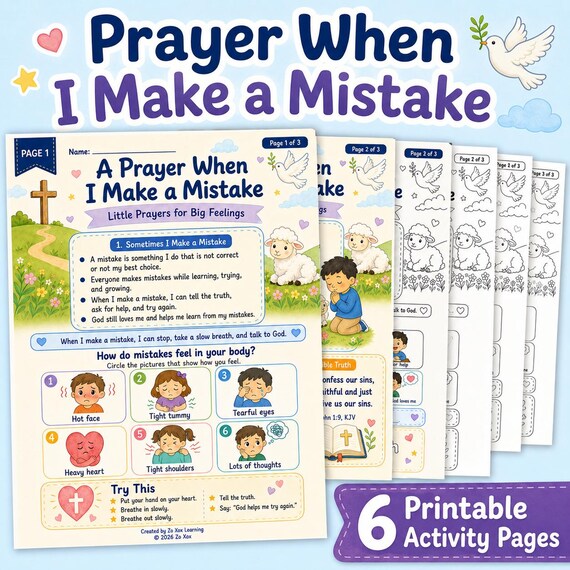 Christian Kids Prayer Worksheet, Mistakes and Forgiveness Printable Activity