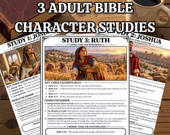 Adult KJV Bible Character Studies, Joseph Joshua Ruth, 3 Printable Christian Worksheets, Instant Download