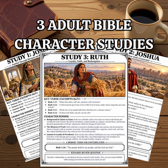 Adult KJV Bible Character Studies, Joseph Joshua Ruth, 3 Printable Christian Worksheets, Instant Download