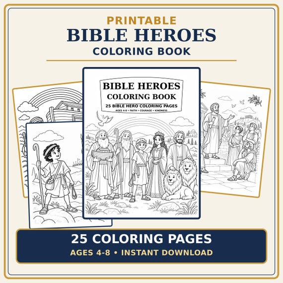 Bible Heroes Coloring Book for Kids, 25 Printable Christian Pages for Home and School