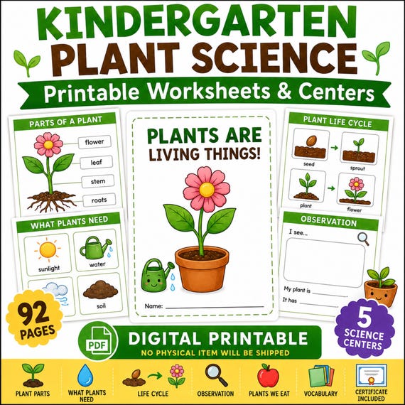 Kindergarten Science, Plant Life Cycle, Parts of a Plant & Printable Activities