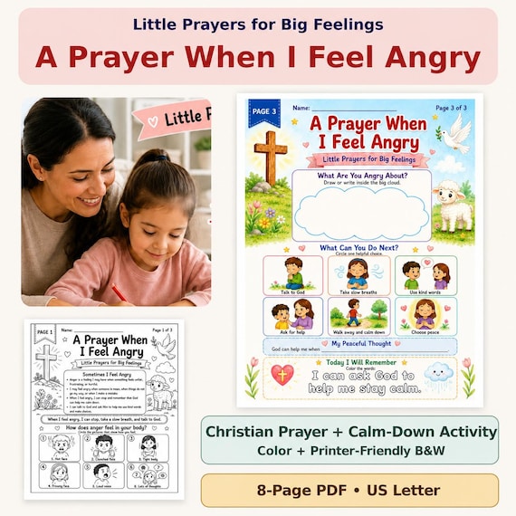 Christian Kids Anger Worksheet, Prayer and Calm Down Printable Activity