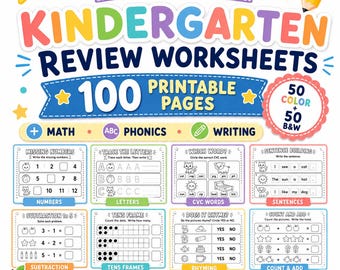 Kindergarten Review Worksheets, 100 Printable Pages, Math, Phonics & Writing