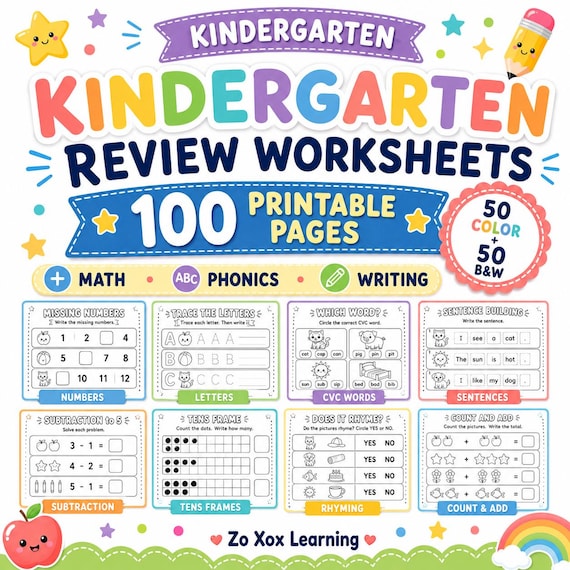 Kindergarten Worksheets, 100 Printable Math, Phonics, Writing & Morning Work Pages