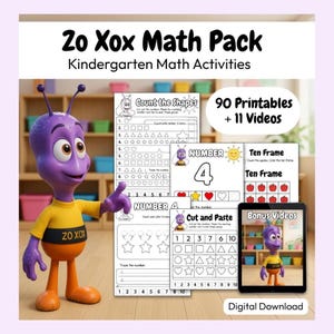 May include: A digital download for kindergarten math activities. The image shows a purple alien-like character with a yellow shirt and orange pants. The text on the image says "Zo Xox Math Pack" and "Kindergarten Math Activities". The pack includes 90 printables and 11 videos.