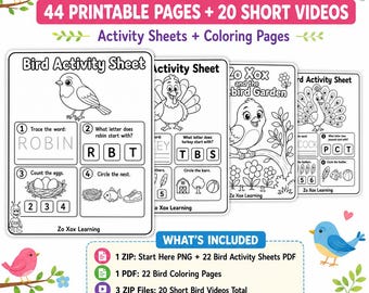 Bird Worksheets and 20 Educational Videos for Preschool and Kindergarten, 44 Printable Activities, Coloring Pages.