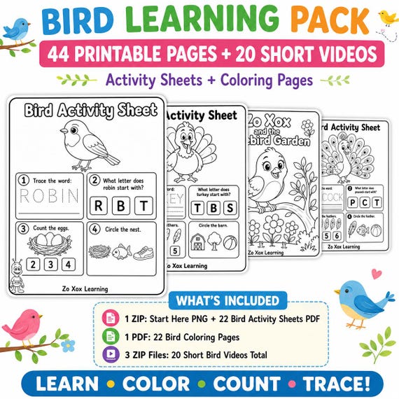Bird Learning: 44 Printable Activities, Videos, Coloring Pages, (Digital Download)