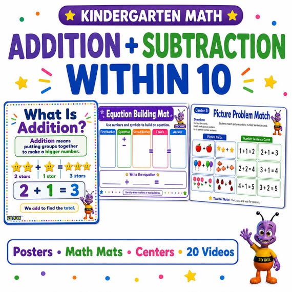 Addition and Subtraction Worksheets Kindergarten | Math Facts Practice Within 10 | Printable Math Centers