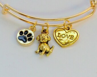 SALE! Gold doggie bangle, stackable puppy dog bracelets, dog paw charm bracelets, Protect word charm bangle love my dog heart black and gold