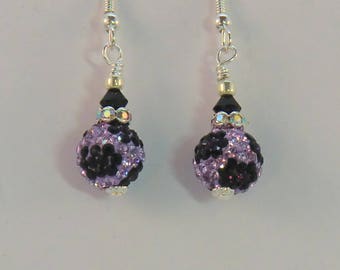 Swarovski flower earrings, lavender and black crystal, sparkle round rhinestone ball earrings, gifts under 20, black and purple earrings