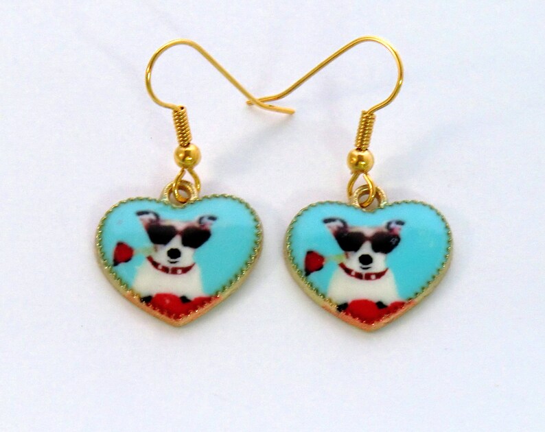 Dog earrings, dogs in sunglasses, aqua and white doggie earrings, dog heart earrings, gold and green heart earrings, sunglass earrings image 2
