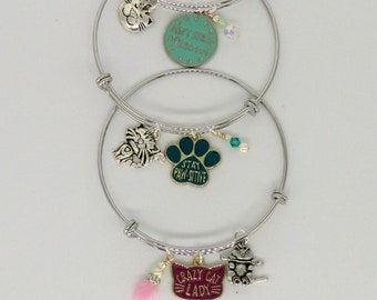 SALE! Cat lovers bangles, Crazy Cat Lady, Stay Pawsitive, Don't Stress Meowt, aqua and pink stackable kitten kitty bracelets,crystals pearls