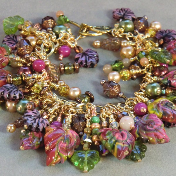 Leafy polymer clay cha cha dangle bracelet,  brown, gold, green and beige leaf, pearl and crystal fringe dangle bracelet