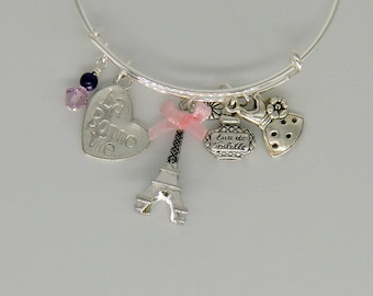 French charm bangle, La Bonne Vie, Eiffel Tower heart, pink bow, dress charm, stackable perfume charm Paris bracelets purple swarovski pearl