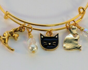 Stacking Cat bangles, black enamel cat face bracelets, gold kitty charm bracelets,crystal and pearl, enamel cat bangles gold stacking bangle