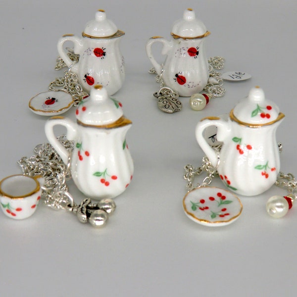 Ladybug and cherry teapot necklaces, red and white china teapot, dish, cup necklaces, garden necklace antique silver ladybug or cherry charm