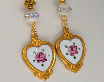 Vintage guilloche enamel earrings, pink and white rose heart earrings, antique gold howlite rhinestones, flowered earrings, French earrings