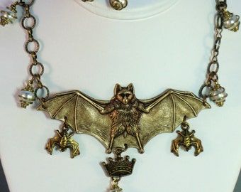 Bat Queen necklace and earring set, Gothic Steampunk antique brass spread wing bat pendant with bats, Victorian bats, pearls crown