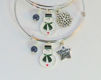 Snowman charm bangle, blue and white snowflake bangle bracelets, winter holiday Christmas bangles, silver and blue, gifts under 20