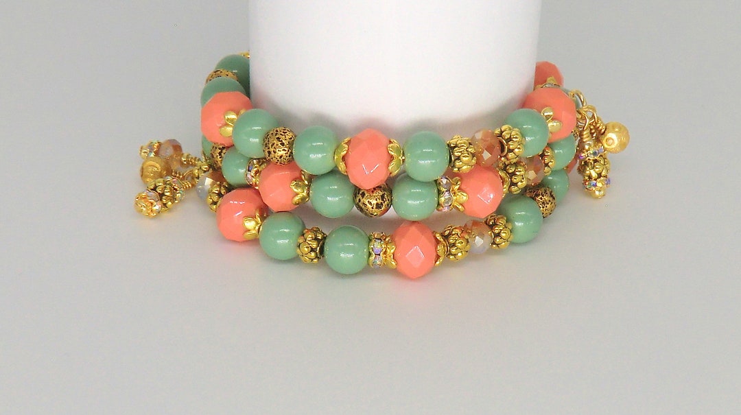 SALE Coral and Mint Green Wrap Bracelet Gold Sage Memory Etsy