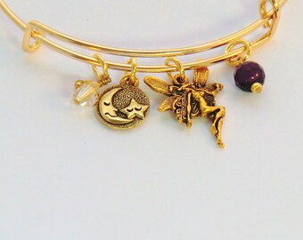 SALE! Fairy charm bangle, stackable gold amethyst sun moon dancing fairy bangle celestial  bracelets swarovski crystals purple fantasy wings