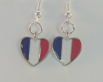 French heart flag earrings, blue white red enamel France flag earrings, travel patriotic earrings, Paris jewelry, heart earring flag jewelry