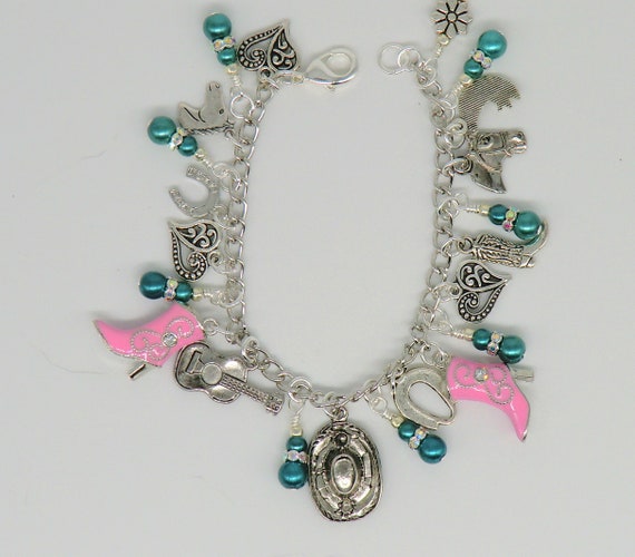 Western Charm Bracelet With Matching Earring, Cowgirl, Western