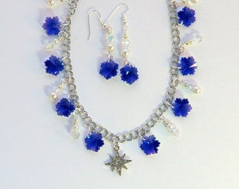 SALE! Blue crystal necklace and earring set, Christmas star snowflake swarovski aurora borealis crystal silver pearls winter necklaces gifts