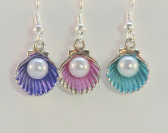 SALE! Enamel shell earrings, beach ocean pearl earrings, small enamel purple aqua or pink shells with pearls, you choose earrings seashore