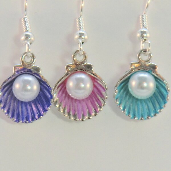 SALE! Enamel shell earrings, beach ocean pearl earrings, small enamel purple aqua or pink shells with pearls, you choose earrings seashore