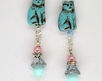 Long cat earrings, aqua cat charm earrings with mint green, rhinestone silver pale pink crystals and pearls kitty cat jewelry floral earring