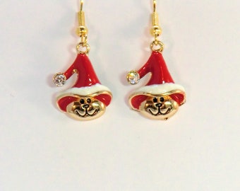 Christmas cat earrings, gold and red holiday cat charm earrings, smiling cat in a hat and rhinestone pom pom earrings holiday gifts under 20