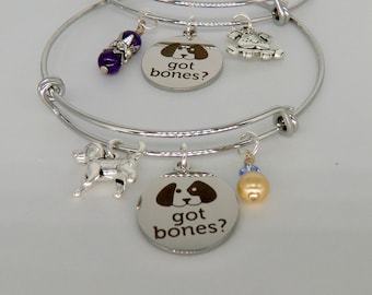 Dog lovers bangle, Got Bones bracelet, stacking aqua purple and silver puppy bangles, canine bracelets, dog bone bangles, doggie rhinestones