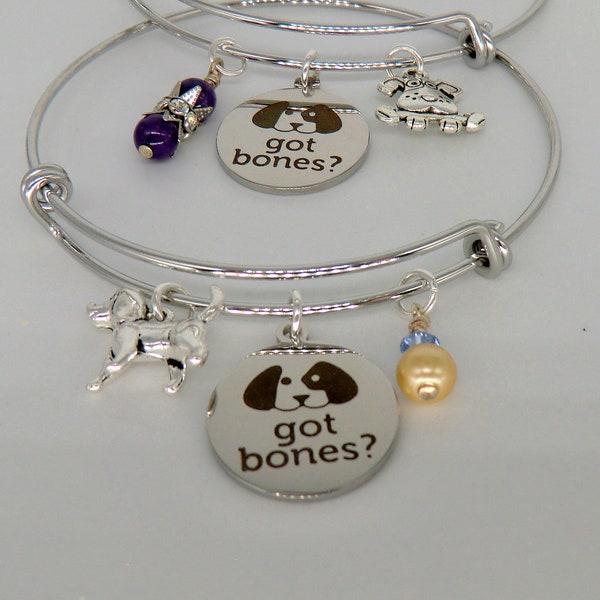 Dog lovers bangle, Got Bones bracelet, stacking aqua purple and silver puppy bangles, canine bracelets, dog bone bangles, doggie rhinestones